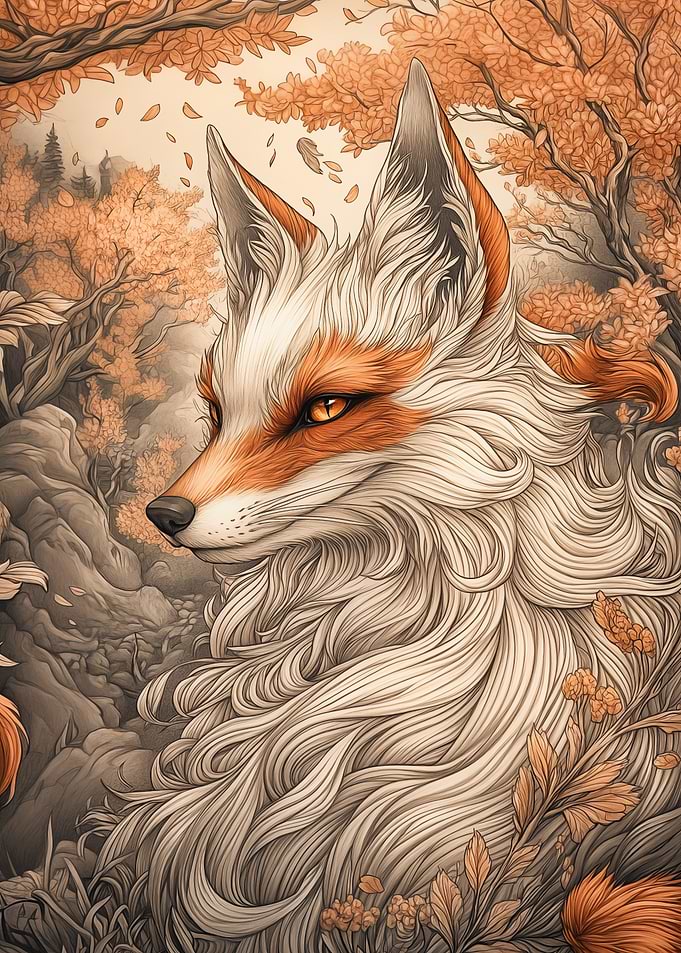 Kitsune Fox in Autumn Forest
