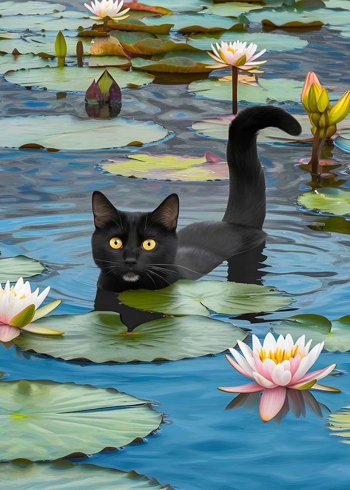 Black Cat in Water Lilies