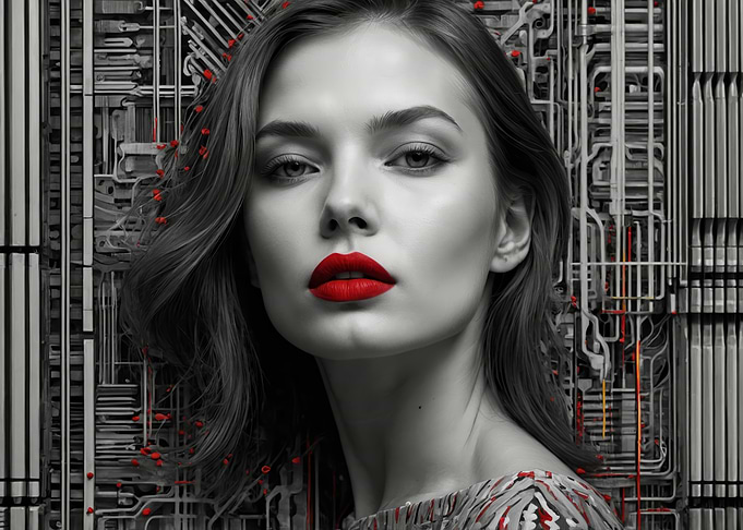 Woman with Red Lips in a Tech Setting