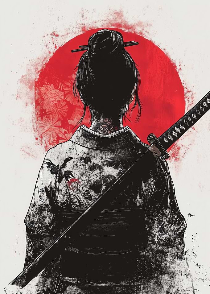 Samurai Woman with Red Sun