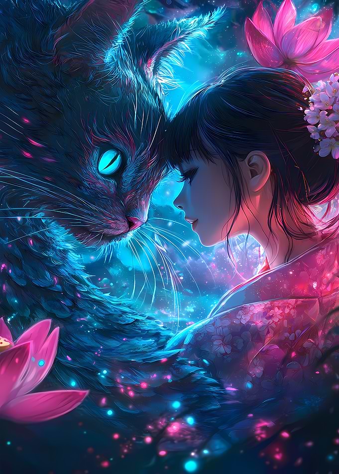 Anime Girl and Cat Lotus Cherry Blossoms