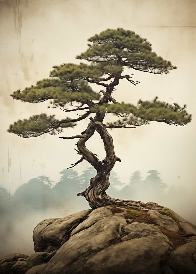 Bonsai tree on a misty cli