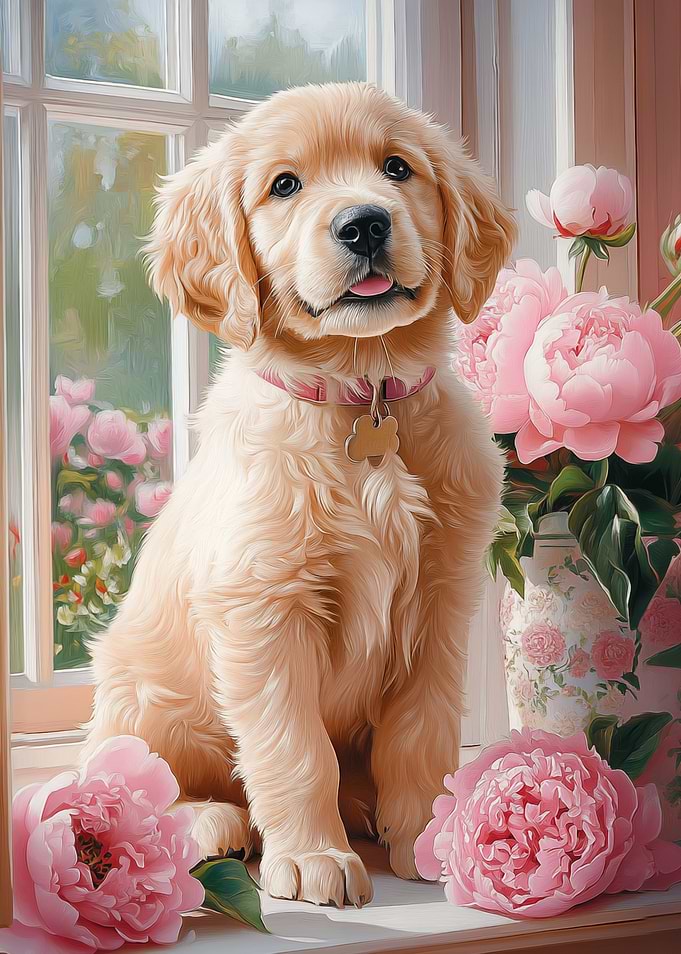 Golden Retriever Puppy with Peonies