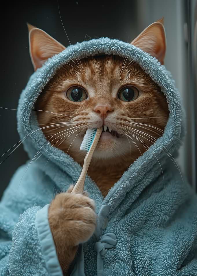 Funny Cat Brushing Teeth in Bathroom