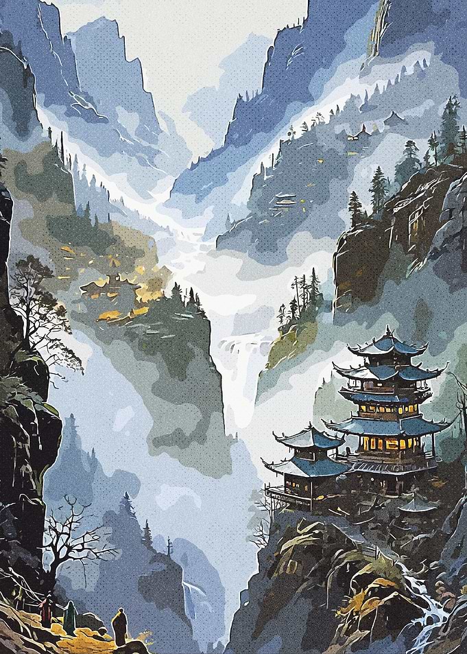 Mountain Temple in Mist