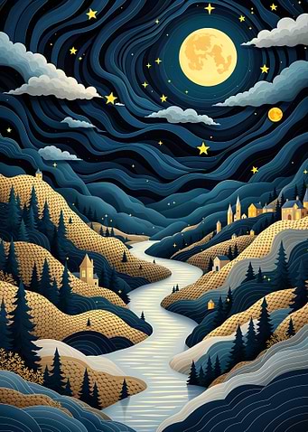 Nighttime River Valley Paper cut Abstract Art