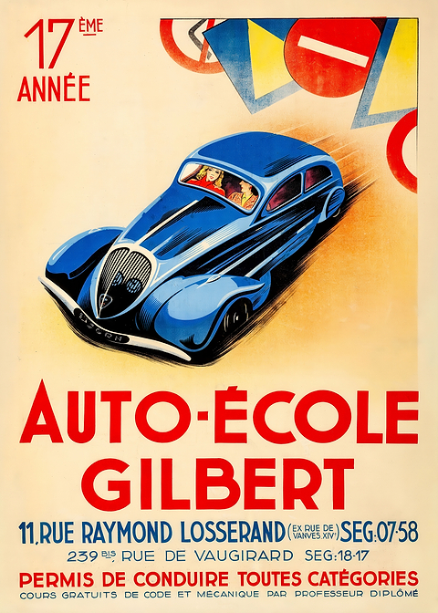 Vintage French Driving School Poster — retro advertising art on metal