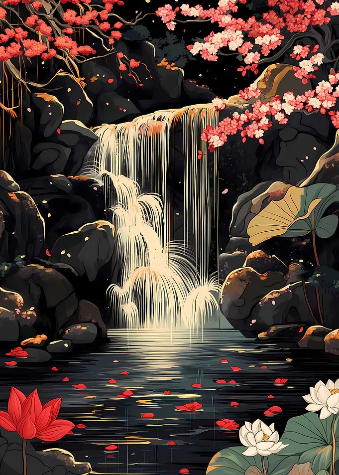 Waterfall Serenity Cherry Blossoms Lotus Japanese