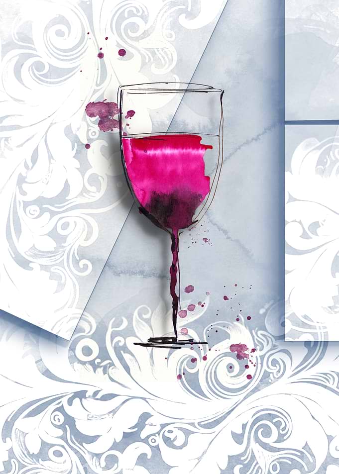 Wine Glass on ancient floral pattern