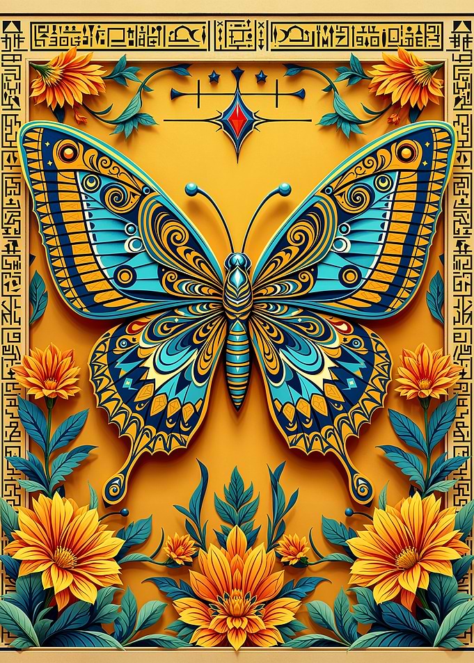 Blue Butterfly Ornate Paper Cut Floral Artwork
