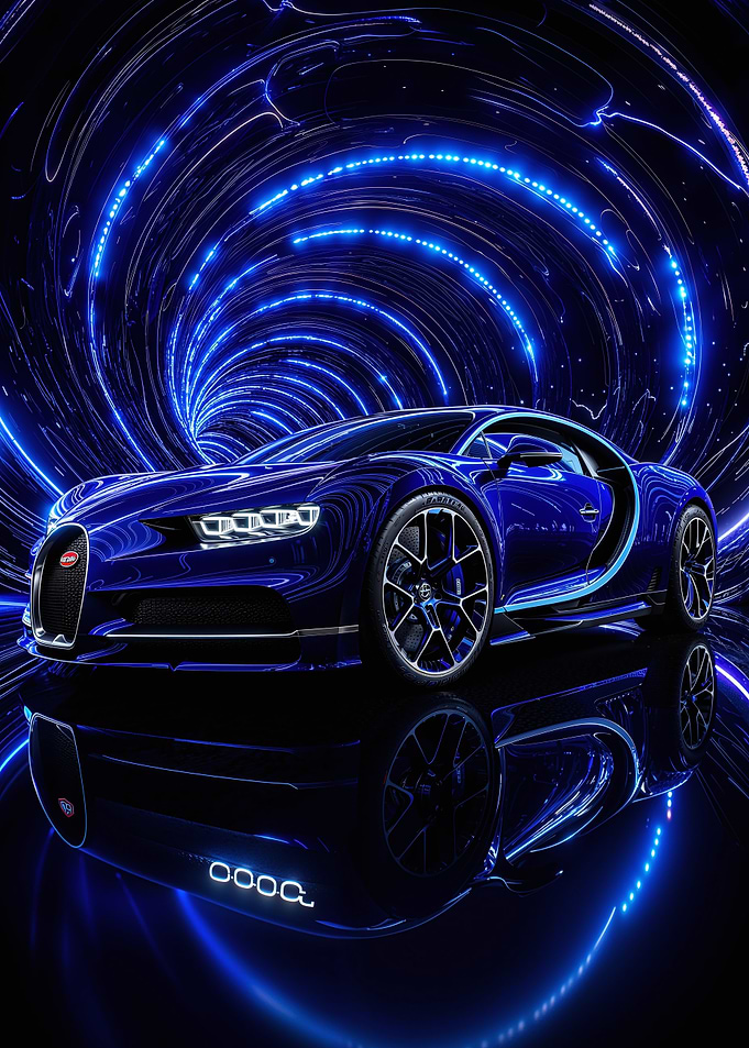 Blue Bugatti in Neon Tunnel