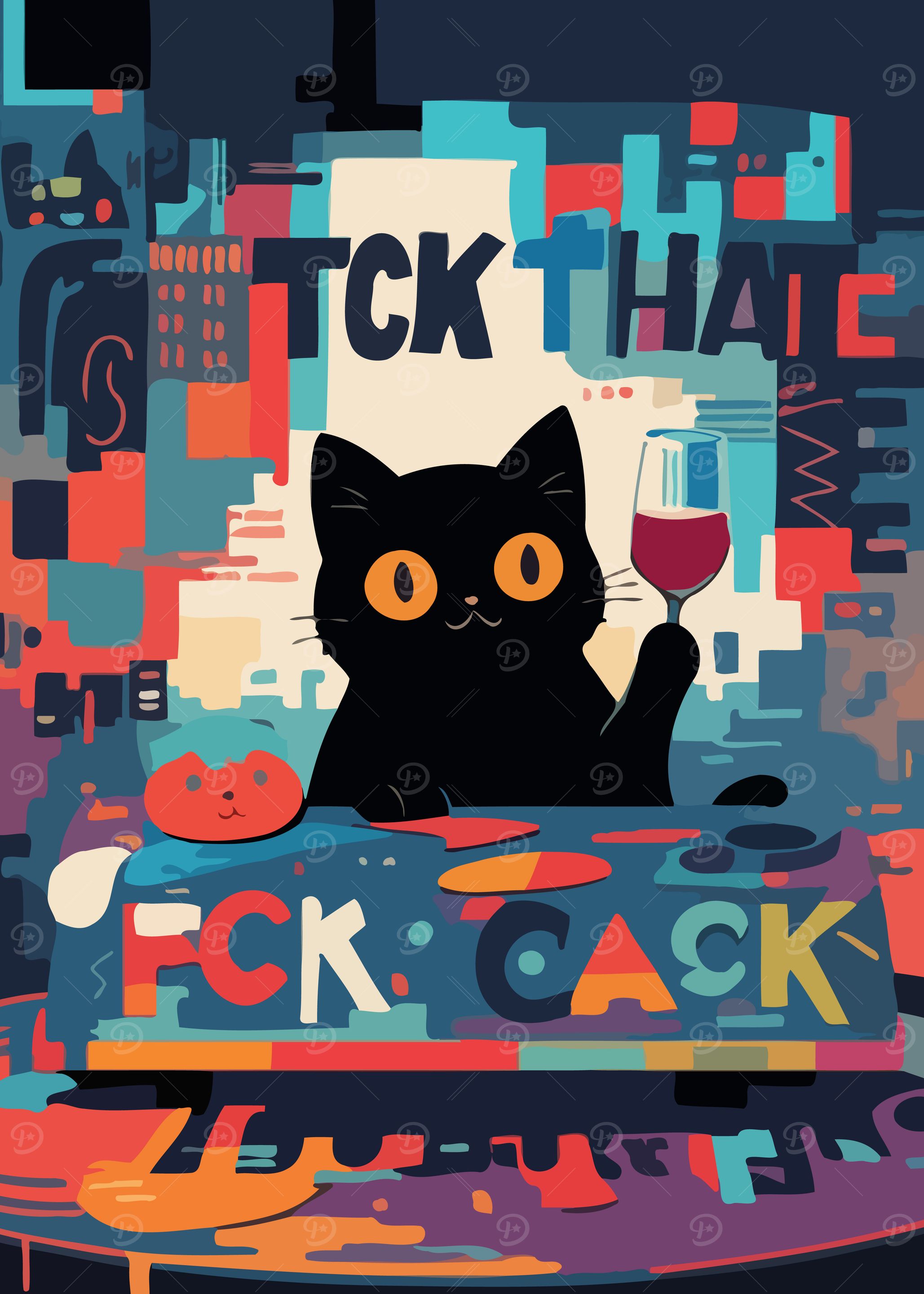 Black Cat with Wine Glass