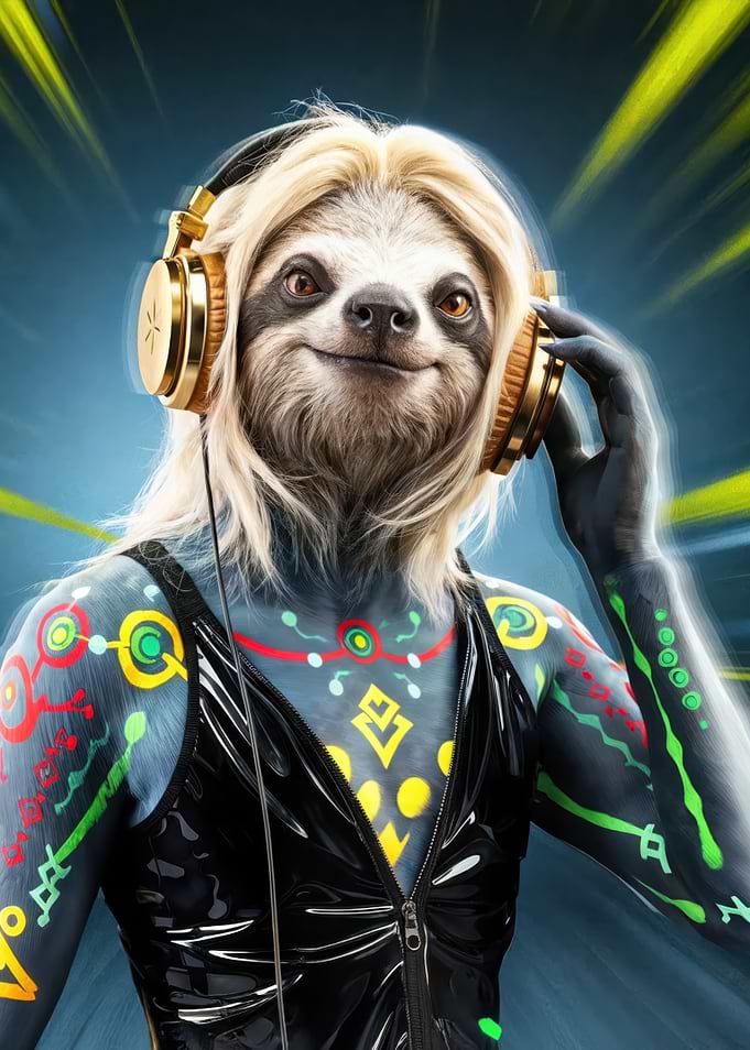 Sloth Techno DJ with gold Headphones - cyber sloth music lover