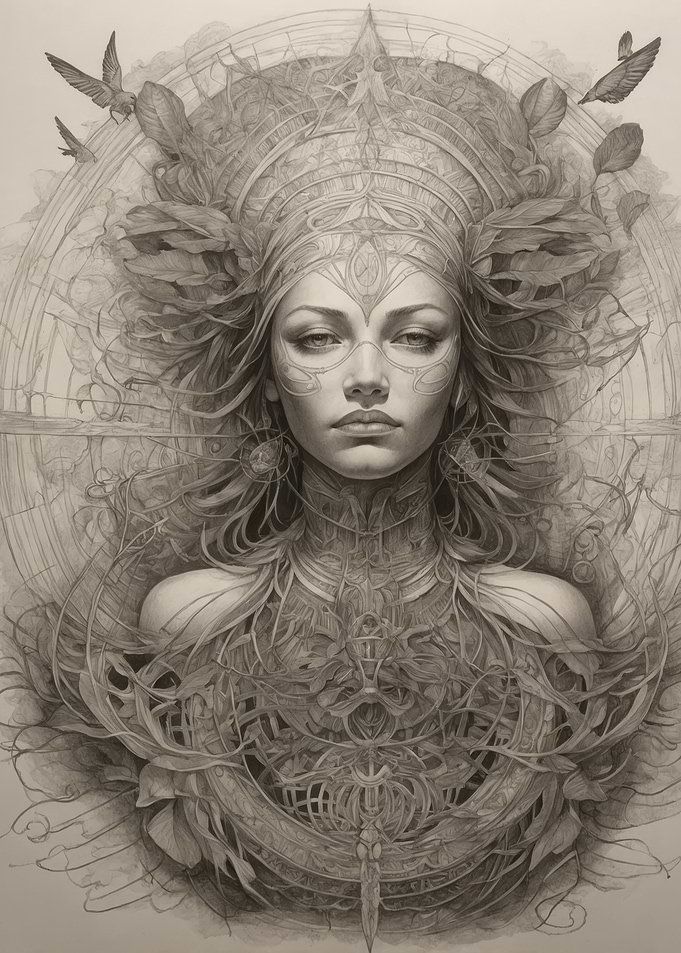 Pencil Drawing of a Woman with Intricate Design