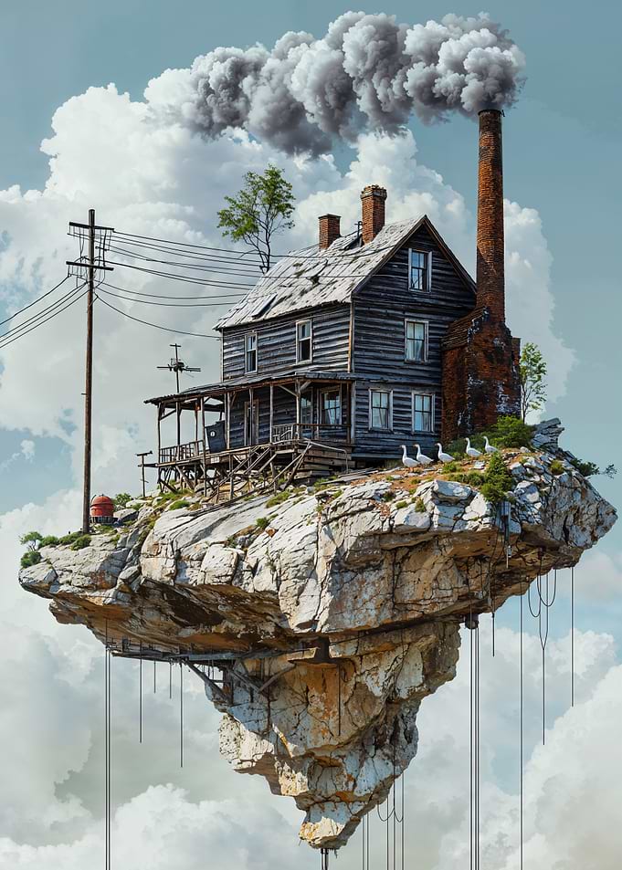 Floating House with Smoke and geese