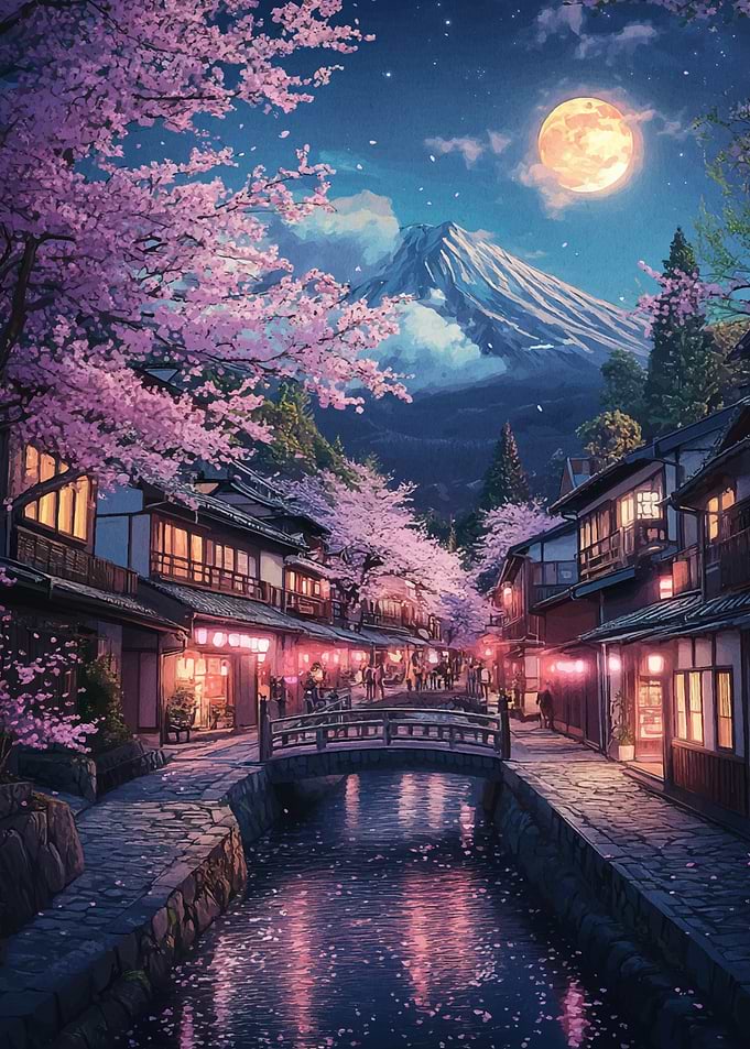 Japanese Night Scene with Cherry Blossoms