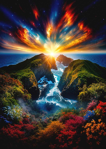 Cosmic Sunset Over Sea Cliffs