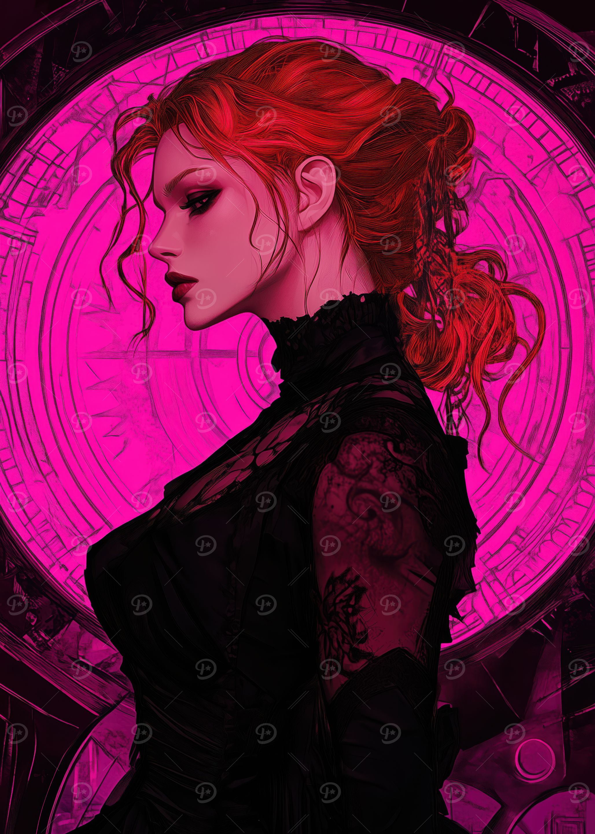 Neon Pink Demon Girl in Black Dress