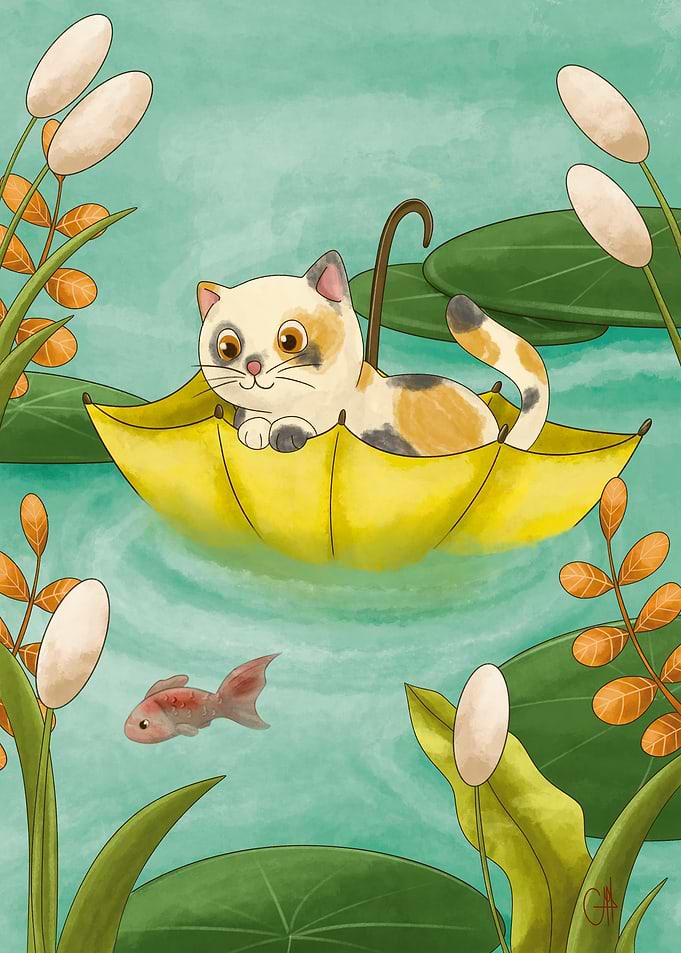 Cat on Umbrella in Pond