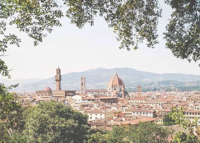 Florence, Italy I Panoramic view skyline of Florence Tuscany from Villa Bardini, Piazza Michelangelo with the Duomo Santa Maria cathedral and its summer pastel aesthetic to experience la dolce vita