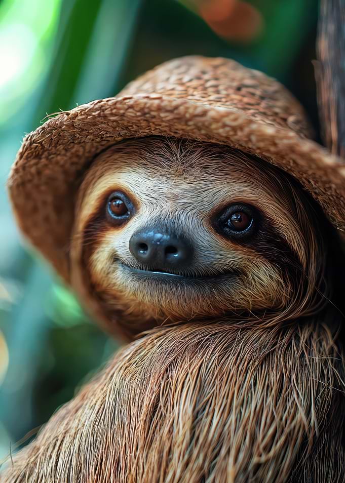 Cute animal: Sloth with a straw hat, poster for kids