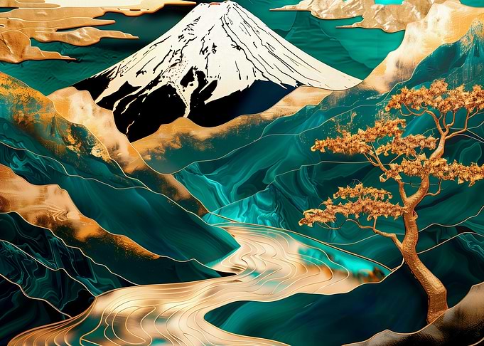 Gold & Teal Mountain Landscape