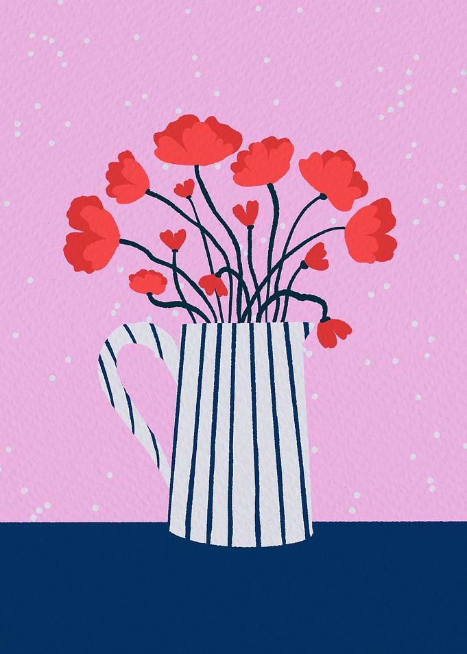 Red Flowers in Striped Pitcher