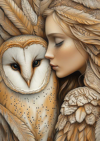 Woman and Owl in Feathers