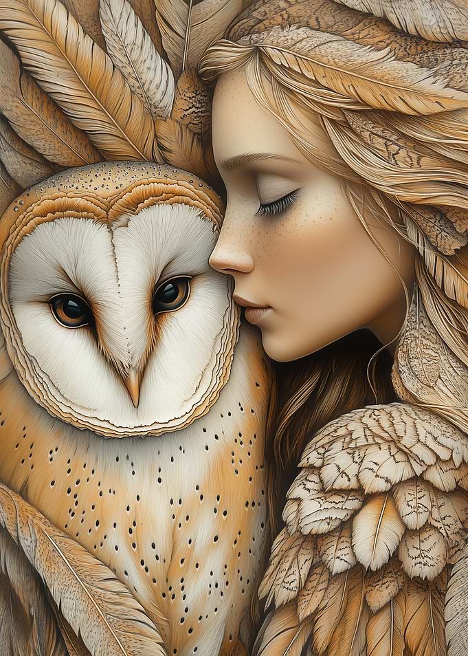 Woman and Owl in Feathers