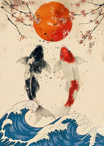 Koi Fish and Cherry Blossoms