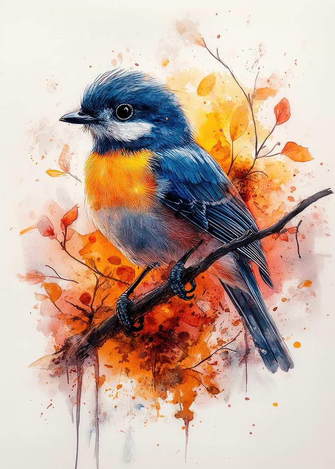 Watercolor Bird on Branch