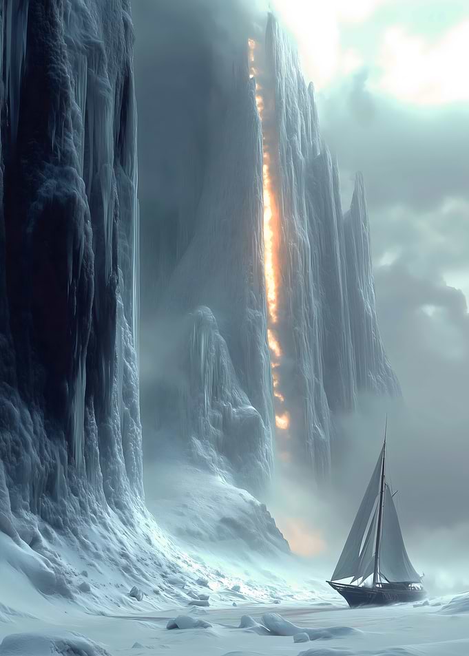 Mysterious Sailboat And Frozen Cliffs