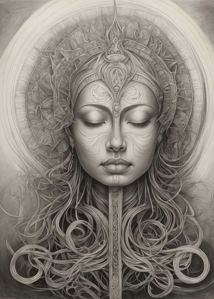 Pencil Drawing of a Woman with a Sword