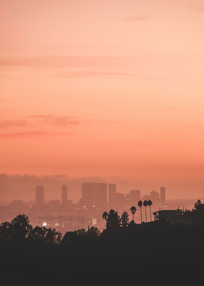 Los Angeles, USA I Sunset over Los Angeles skyline with its vibrant orange aesthetic and palm trees, downtown, villas silhouette panorama view from Hollywood Hill mountains and Griffith Observatory