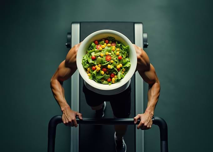Treadmill bodybuilder head made of salad bowl