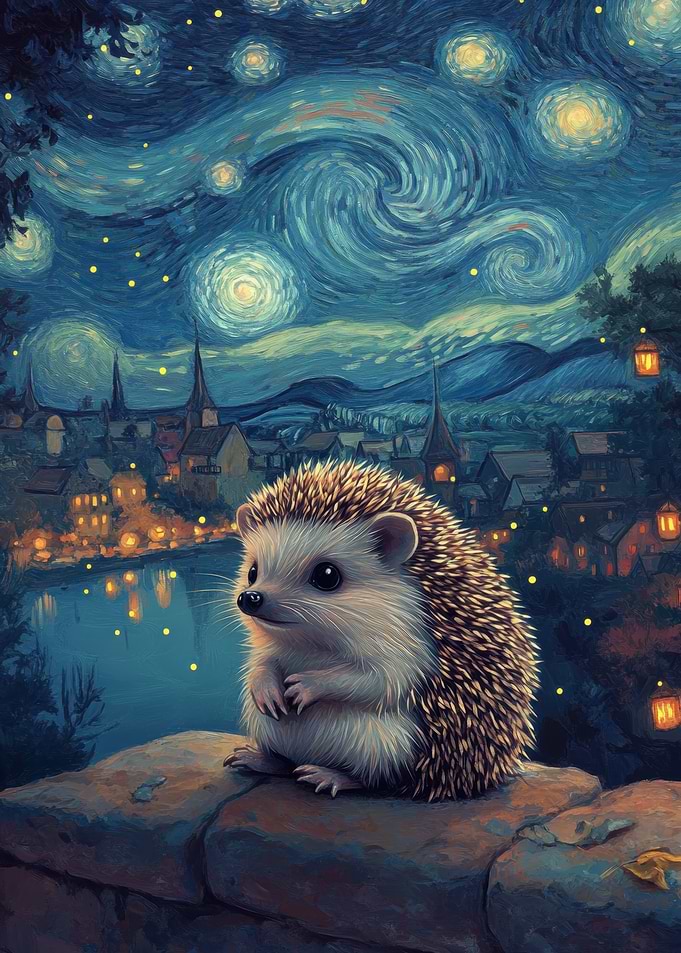 Hedgehog Under Starry Night