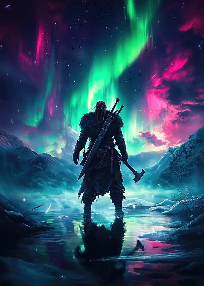 Viking Warrior Under Aurora Borealis