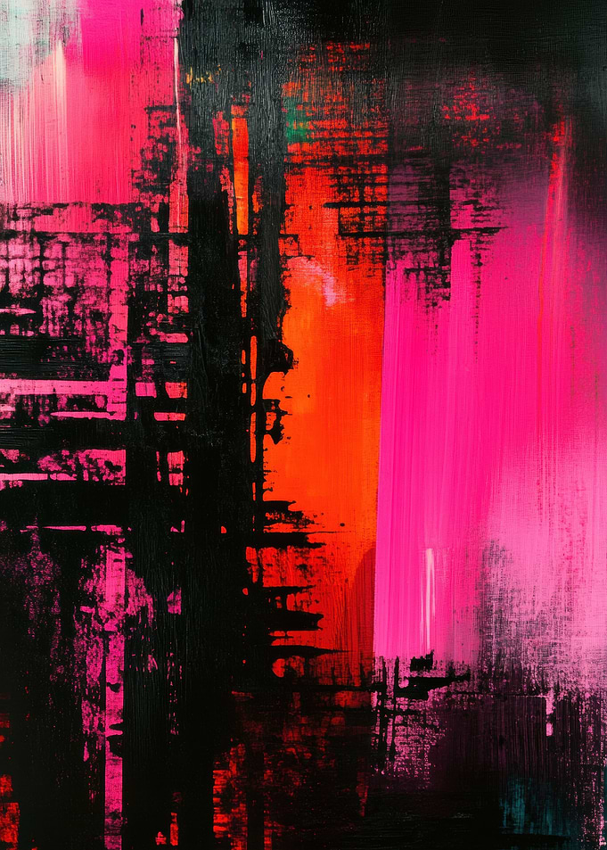 Abstract Painting in Pink, Black, and Orange