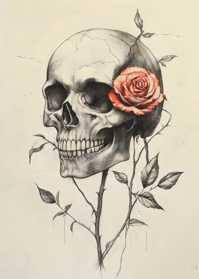 Skull And Red Rose