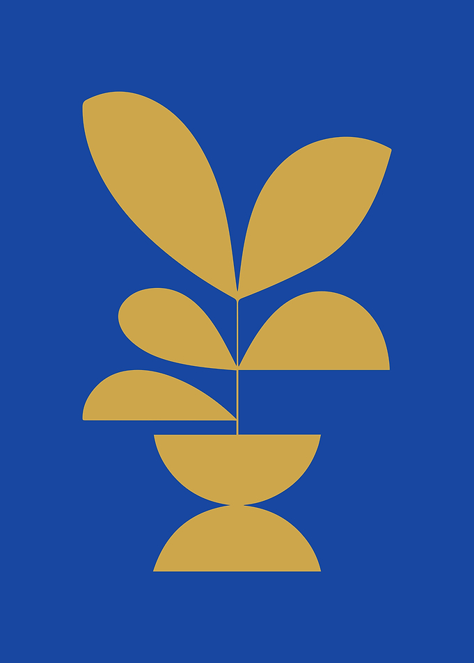 Abstract Geometric Botanical in Royal Blue and Mustard Yellow