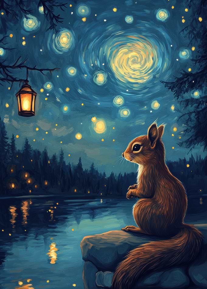 Squirrel Under Starry Sky