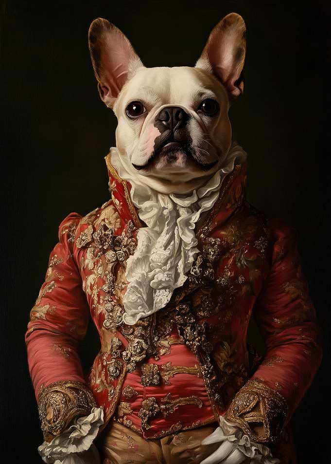 A white French Bulldog portrait, wearing a lavish red and gold embroidered jacket with a white lace collar