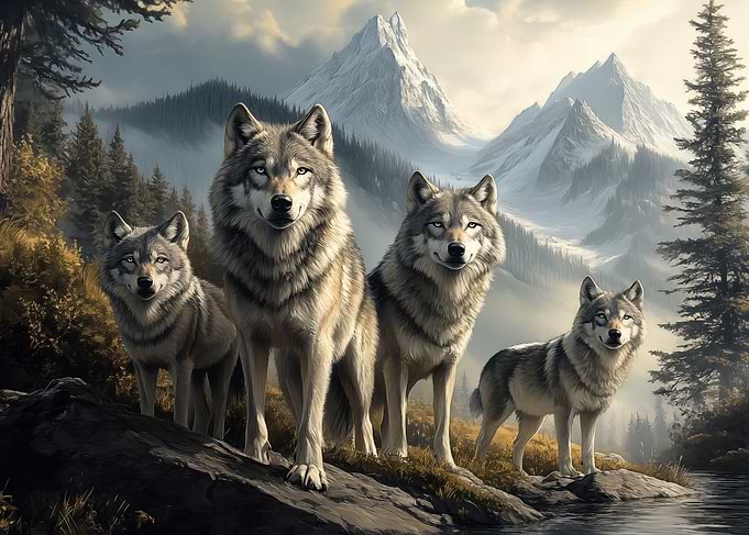 Wolf Pack in Mountain Landscape
