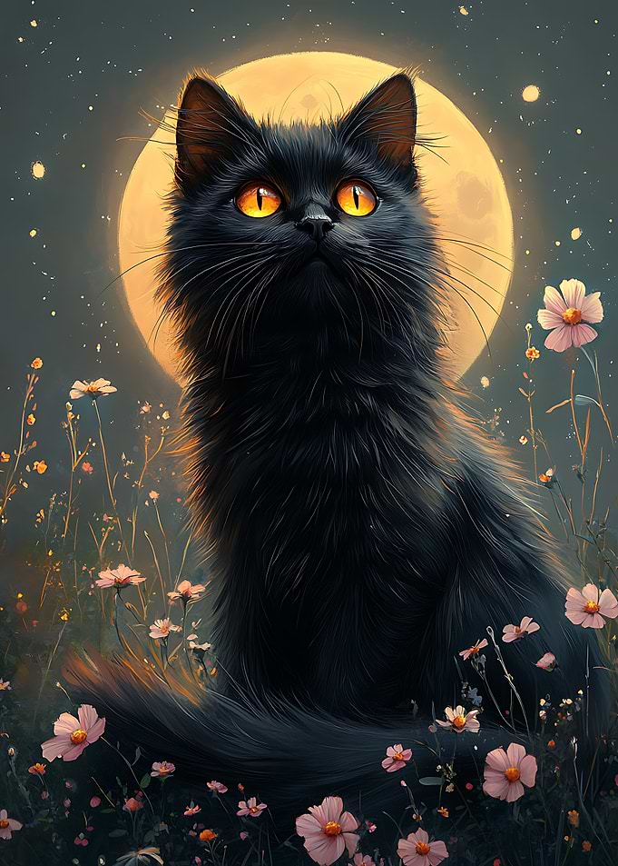Cute Cat Under Moonlight