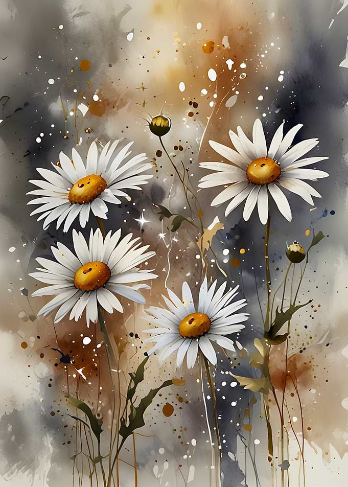 Whimsical Daisies: Ethereal Watercolor Art with Cosmic Splatter Details