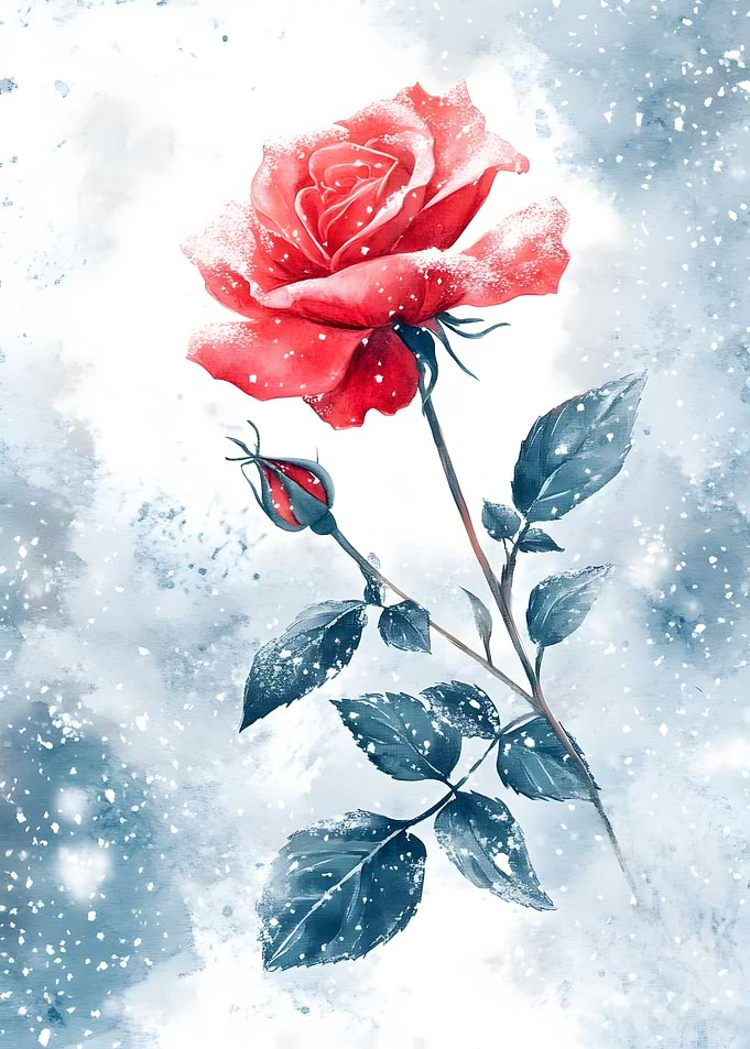 Winter Snowy Rose Watercolor