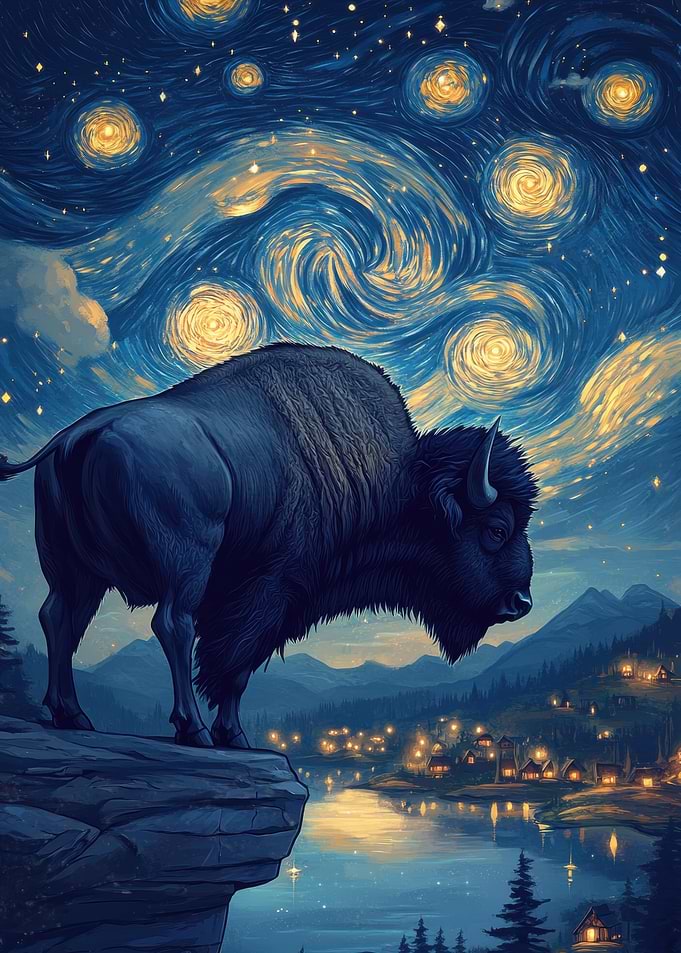 Bison Under Starry Night