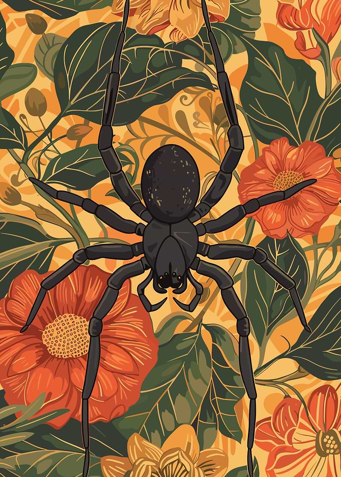 Black Spider on Floral Background