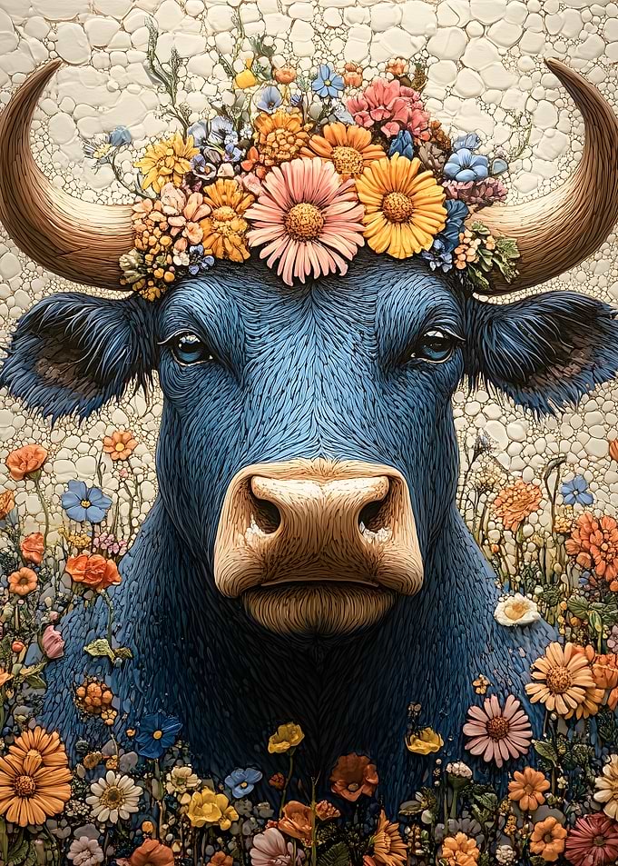 Blue Cow with Flowers