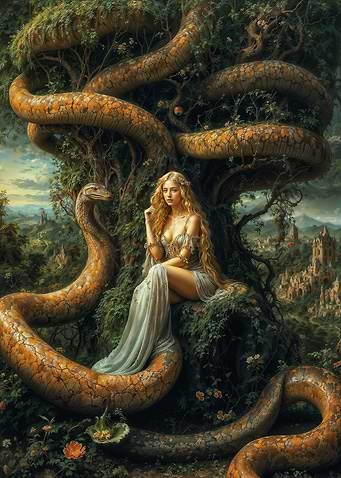 Eve and Serpent in Eden Garden Allegory